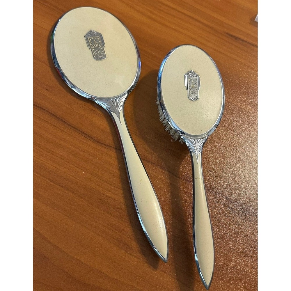 Vintage Art Deco Hand Mirror and Brush Set Cream Enamel Silver Tone Filigree